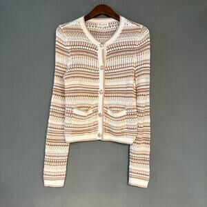 Marled‎ White & Tan Striped Open Knit Cardigan with Gold Buttons XS Preppy